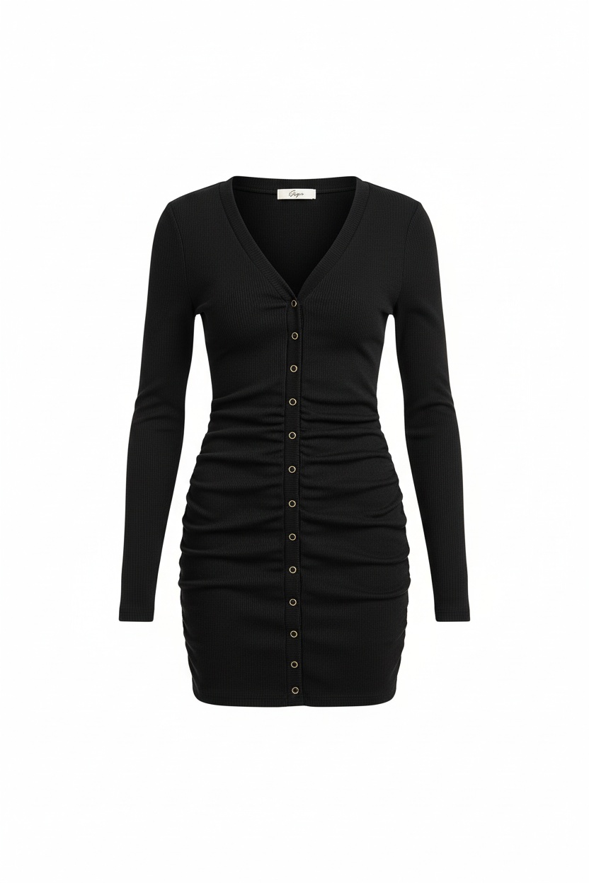 Black Ribbed Button-Front Long Sleeve Mini Dress photo 1