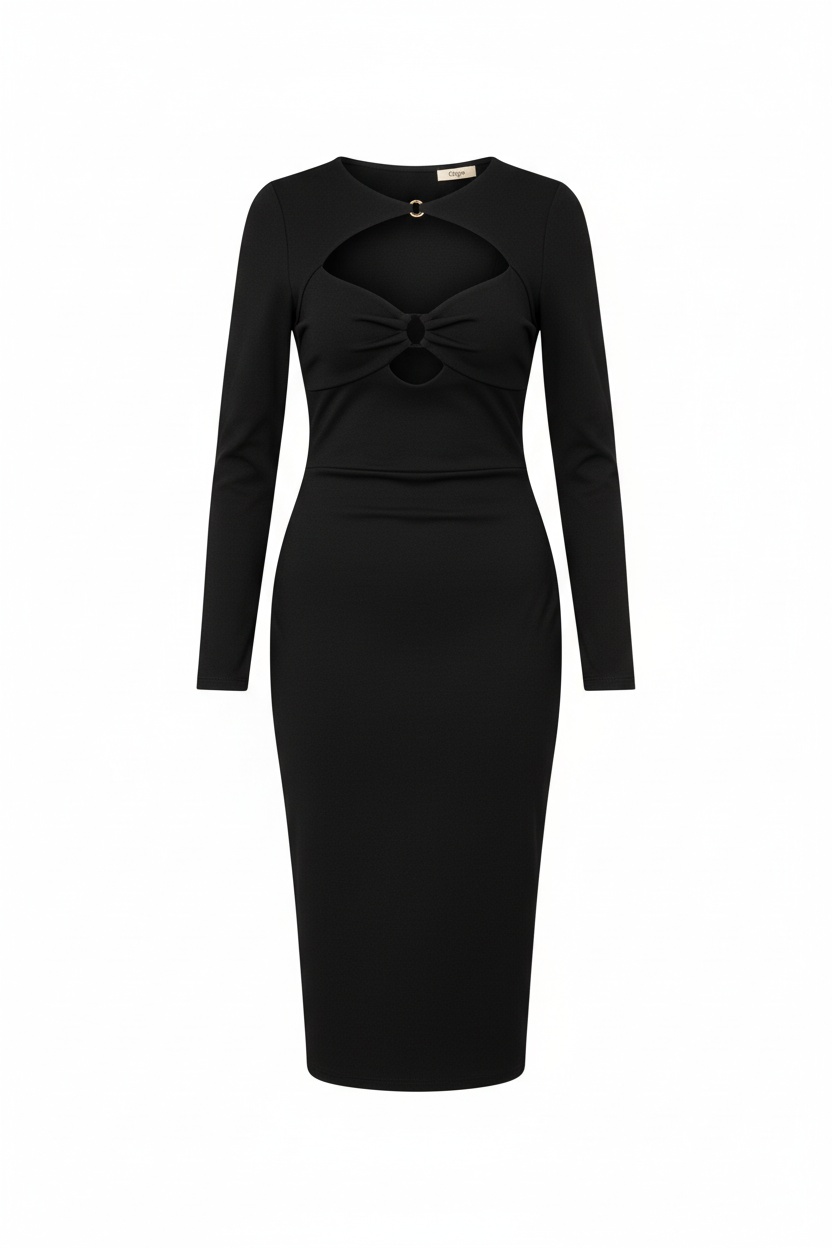 Elegant Black Midi Dress with Chest Cutout Detail photo 1