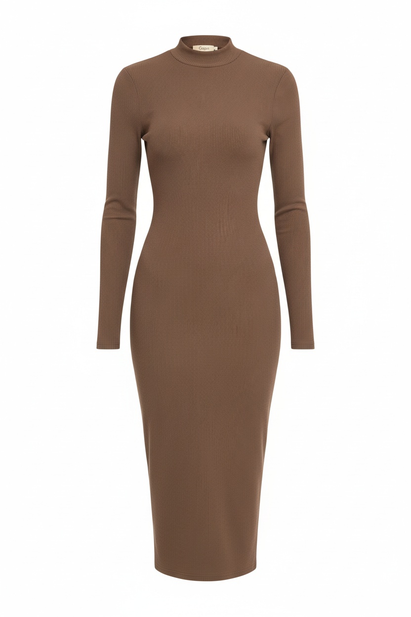 Brown Ribbed Mock Neck Long Sleeve Midi Dress photo 1
