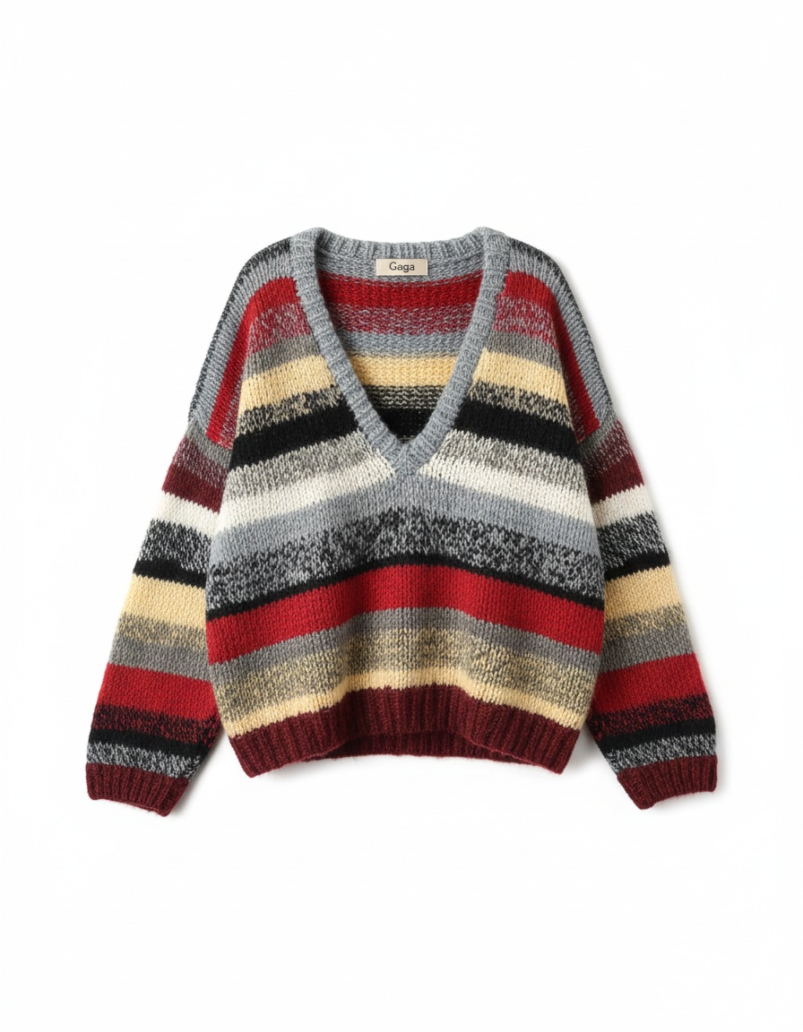 Oversize Striped V-Neck Knit Sweater photo 1