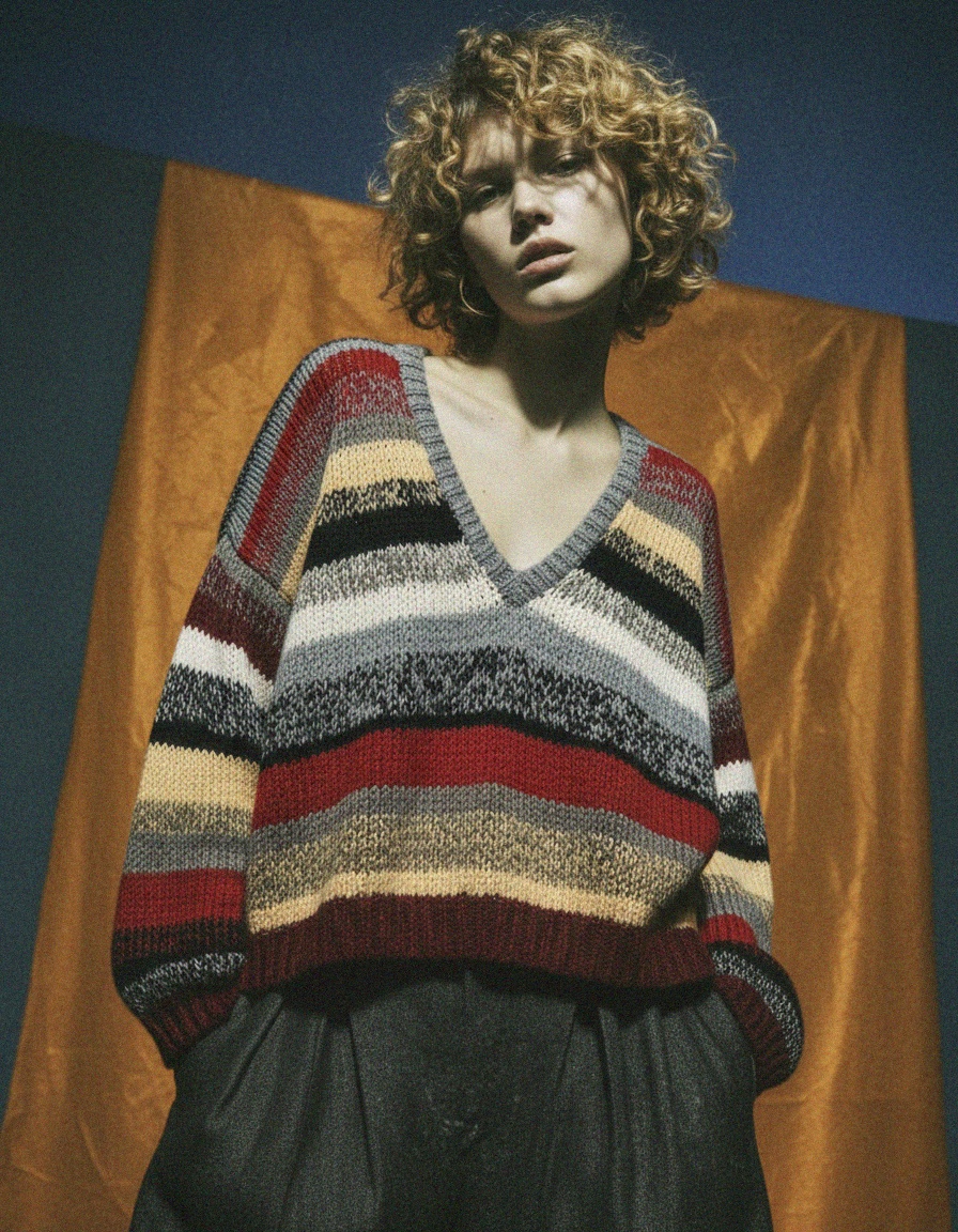 Oversize Striped V-Neck Knit Sweater photo 2