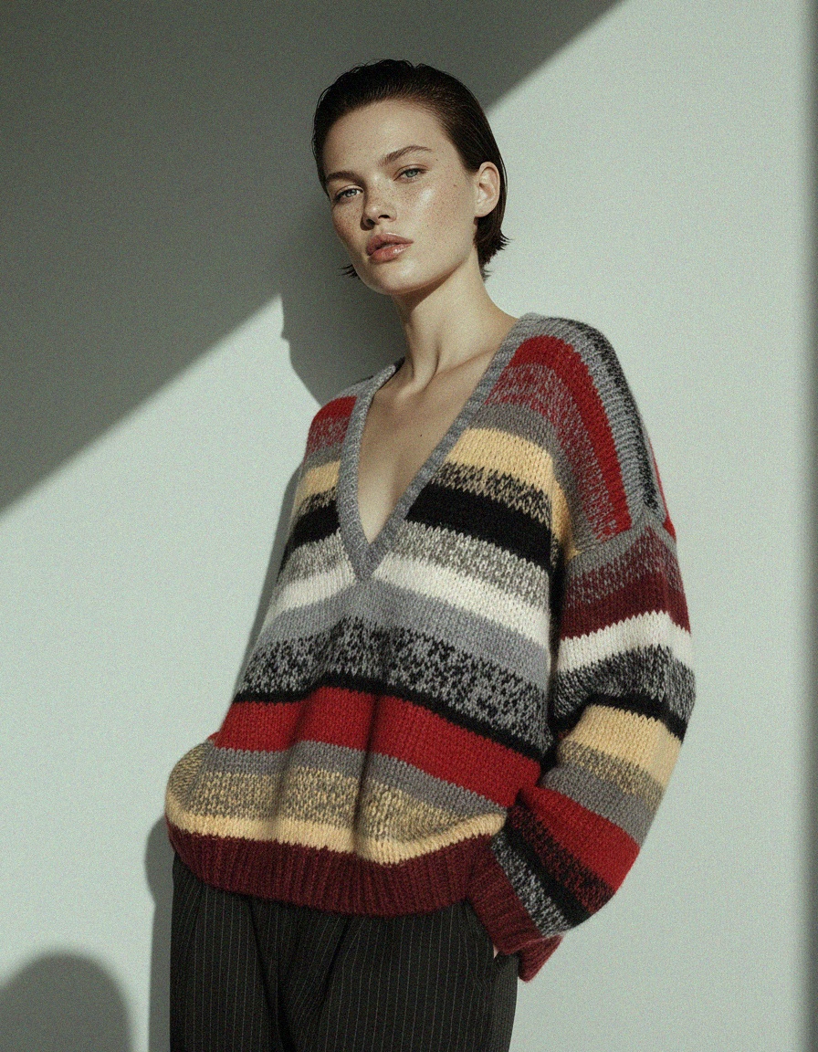 Oversize Striped V-Neck Knit Sweater photo 3