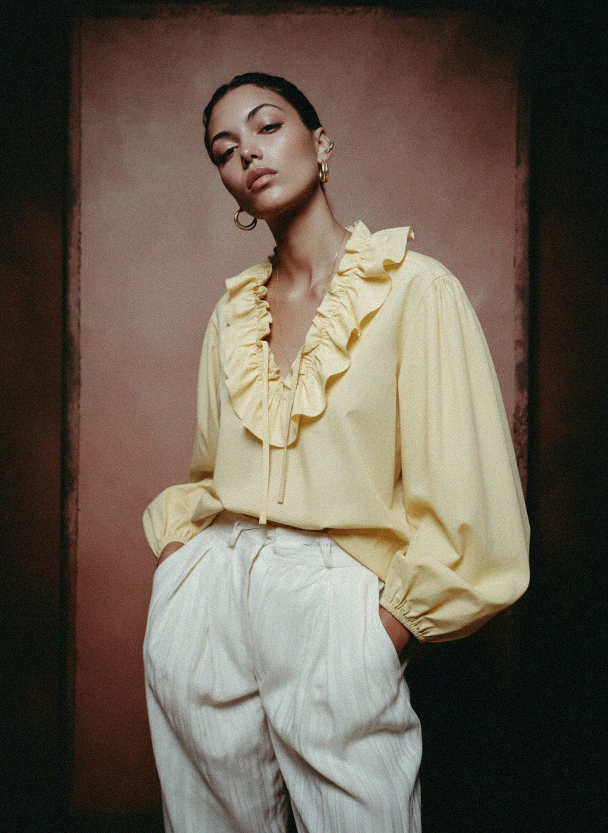Pale Yellow Ruffled V-Neck Blouse photo 2