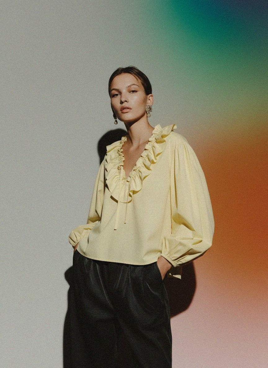 Pale Yellow Ruffled V-Neck Blouse photo 3