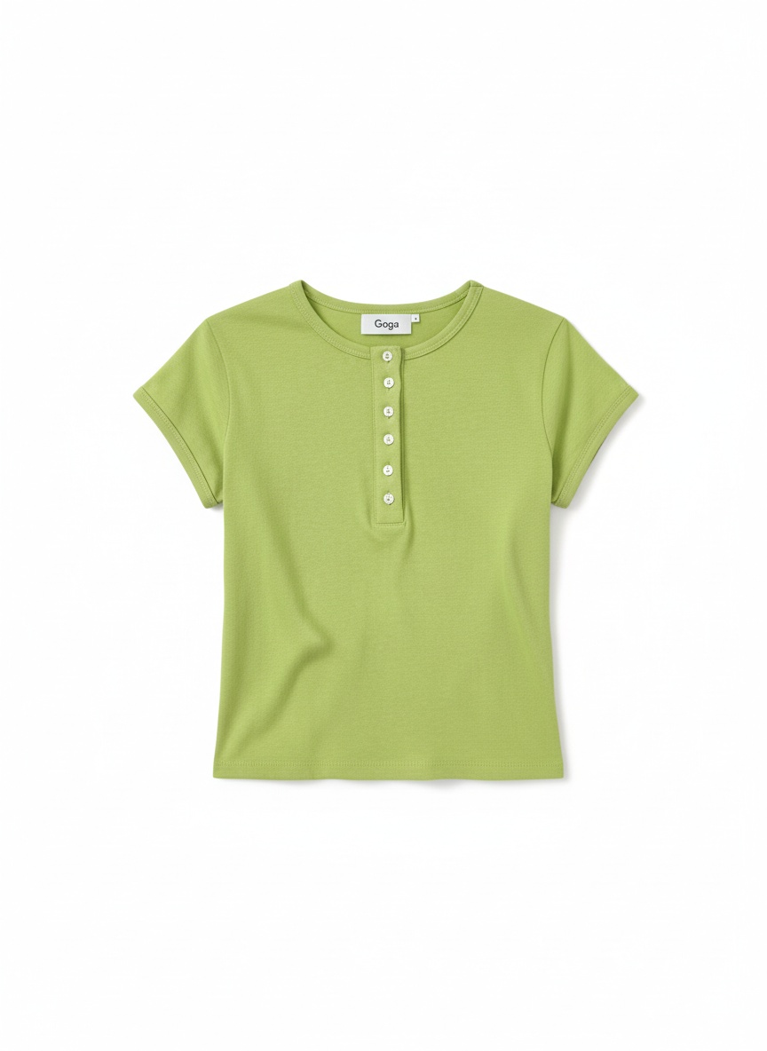 Cropped Henley T-shirt with Short Sleeves, Green photo 1
