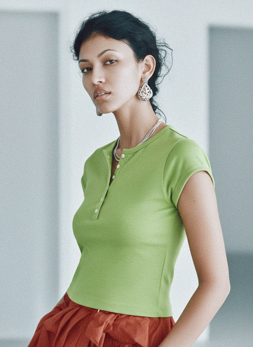 Cropped Henley T-shirt with Short Sleeves, Green photo 3