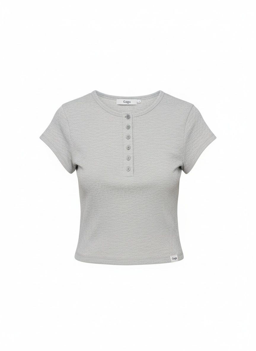 Grey Ribbed Henley Short Sleeve Crop Top photo 1