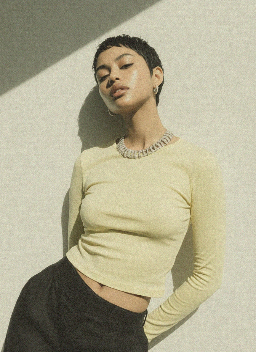 Pale Yellow Classic Long Sleeve Crew Neck Top photo 3