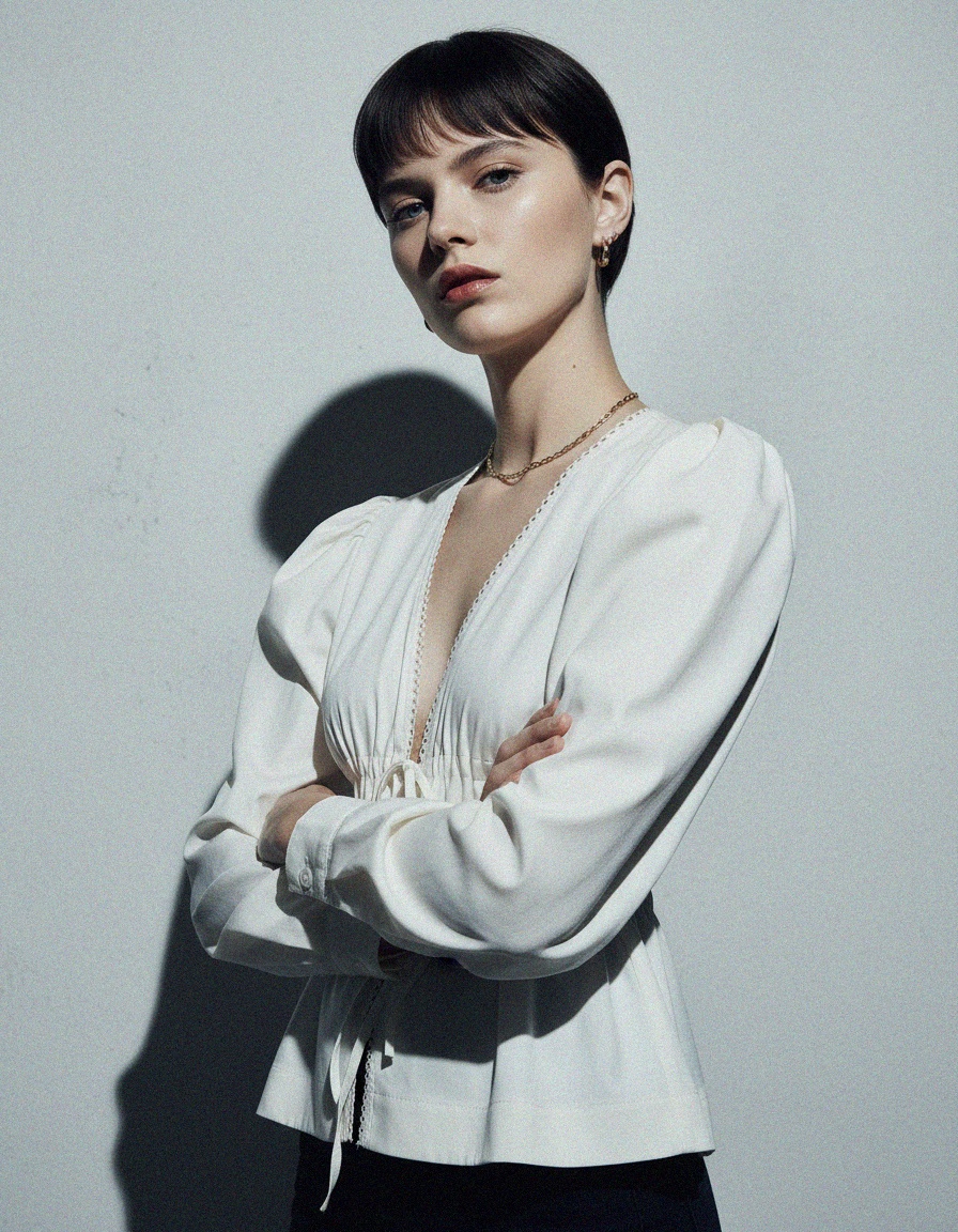 White V-Neck Tie-Front Blouse with Puffed Sleeves photo 3