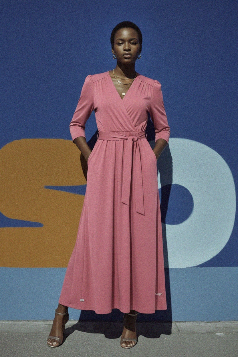 Elegant Pink Tie-Waist Maxi Dress with Pockets photo 2