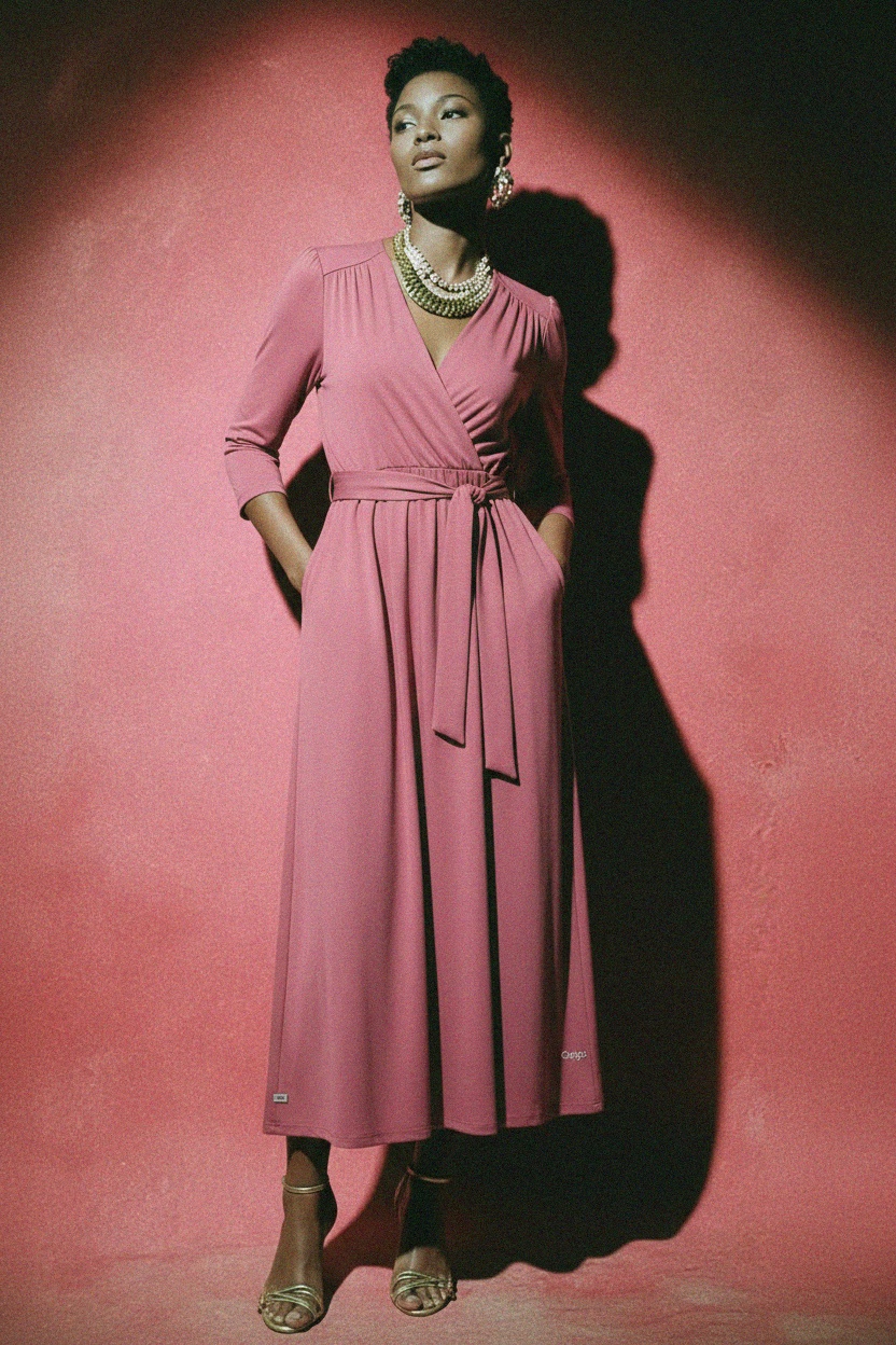 Elegant Pink Tie-Waist Maxi Dress with Pockets photo 3