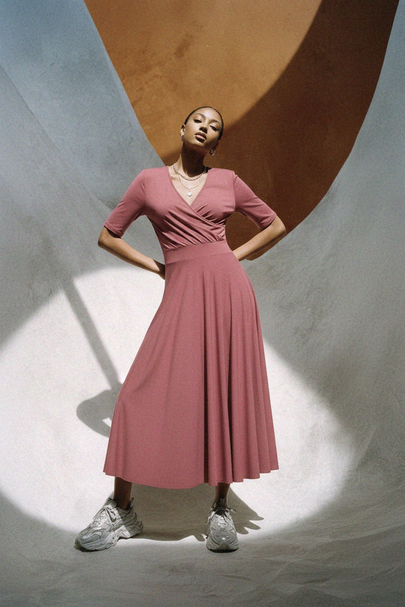 Dusty Rose Midi Wrap Dress with Pleated Skirt photo 2