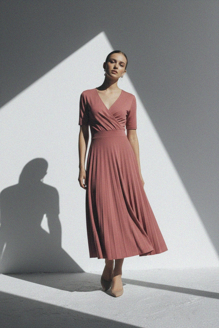 Dusty Rose Midi Wrap Dress with Pleated Skirt photo 3
