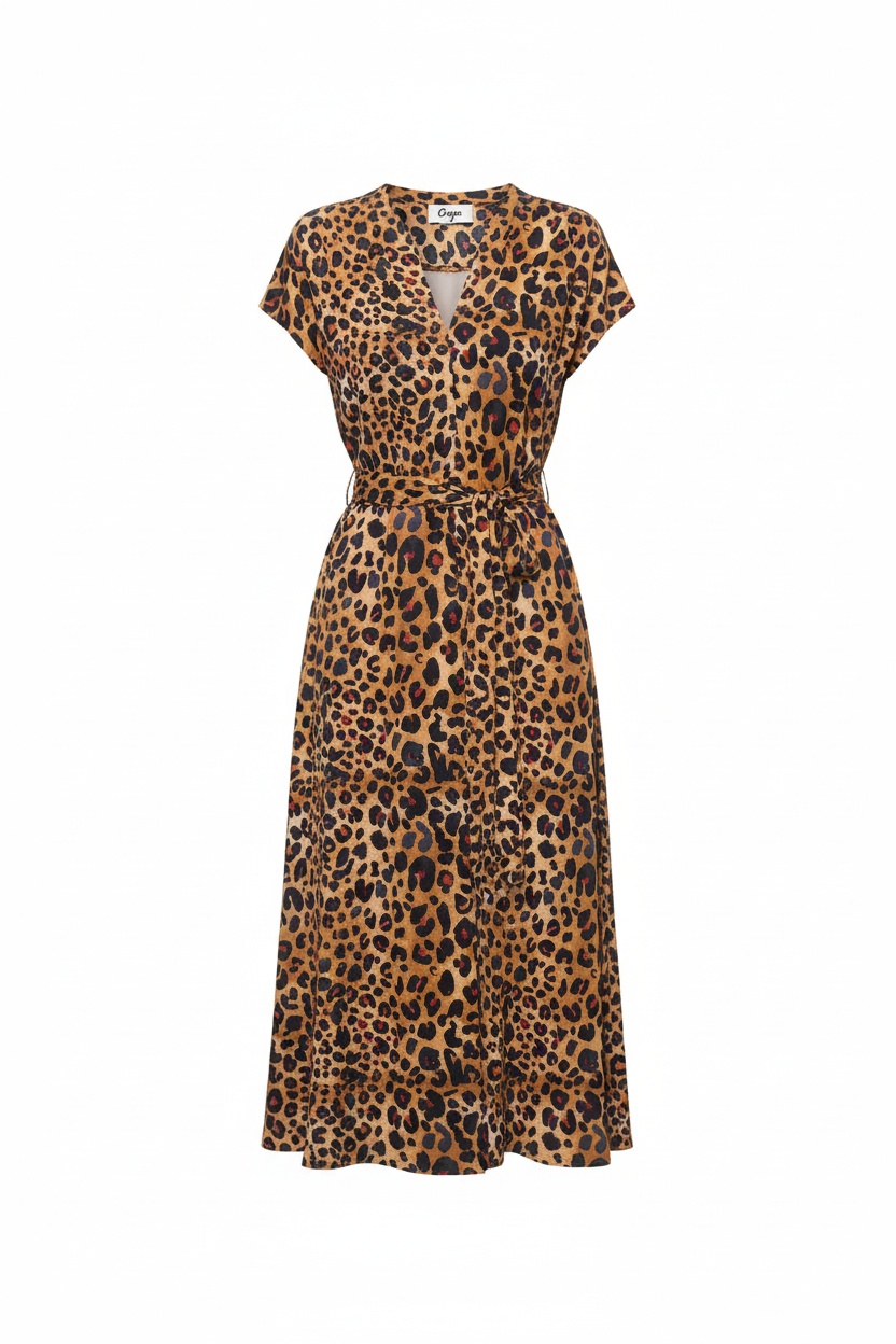 Leopard Print Midi Dress with Tie-Waist and Slit photo 1
