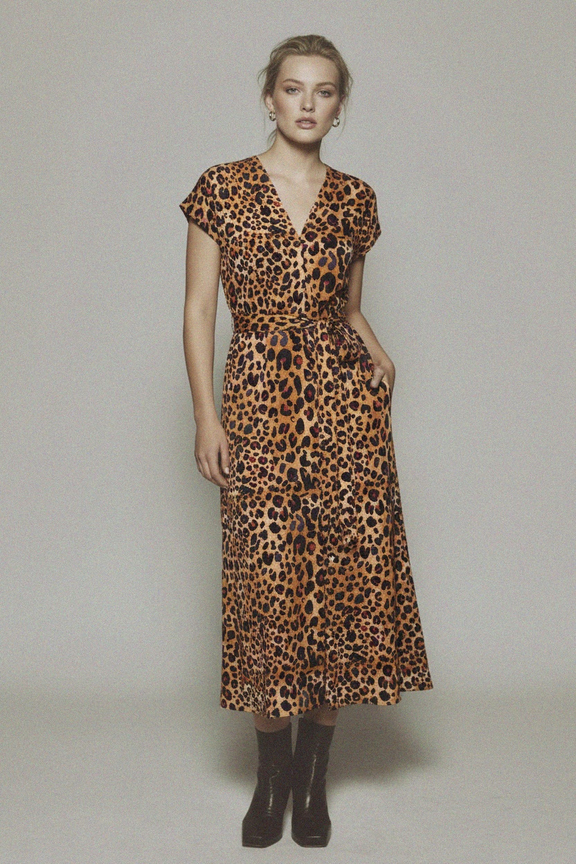 Leopard Print Midi Dress with Tie-Waist and Slit photo 2