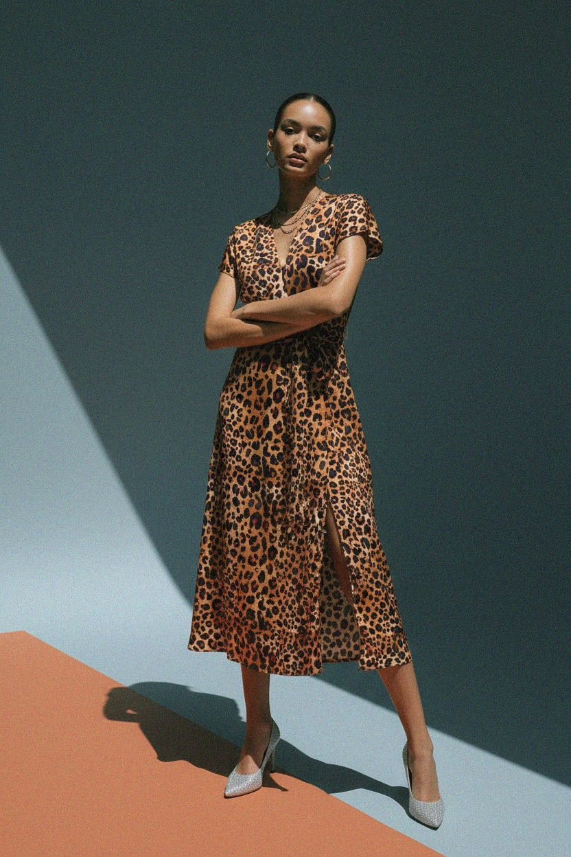 Leopard Print Midi Dress with Tie-Waist and Slit photo 3