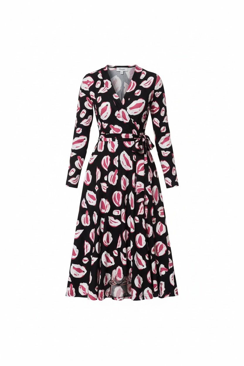 Black Abstract Print Long Sleeve Midi Wrap Dress photo 1