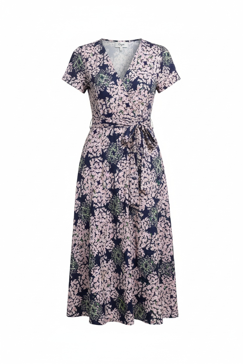 Navy Floral Midi Dress with Tie Waist & Short Sleeves photo 1