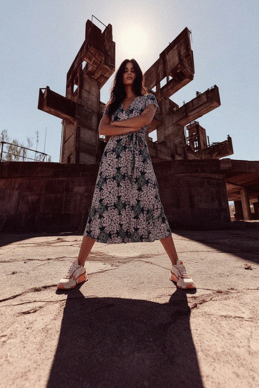 Navy Floral Midi Dress with Tie Waist & Short Sleeves photo 2