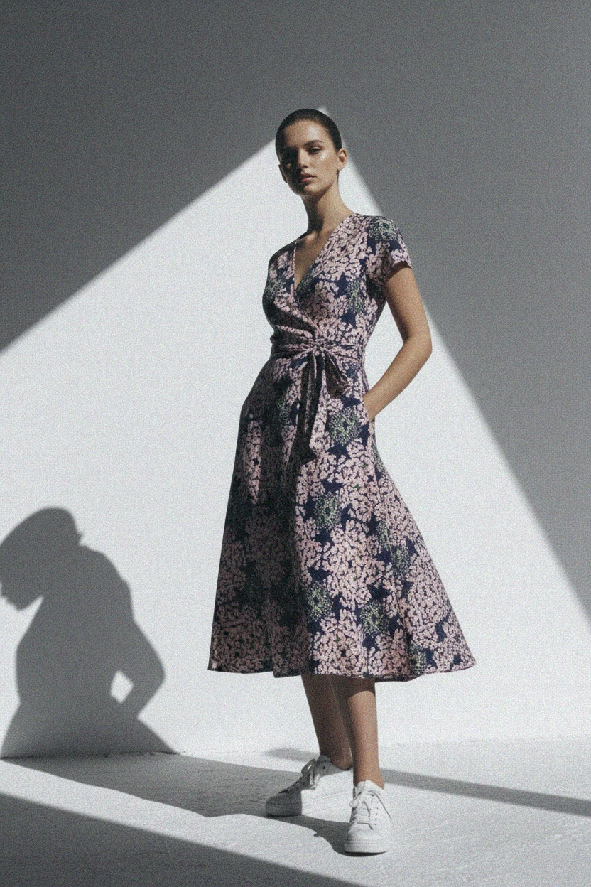 Navy Floral Midi Dress with Tie Waist & Short Sleeves photo 3