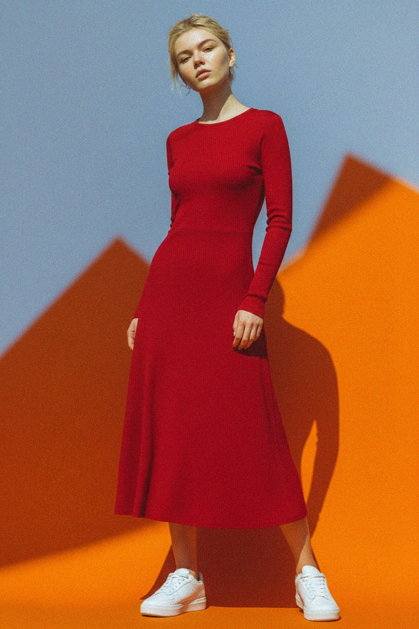 Elegant Red Ribbed Long Sleeve Midi Dress photo 2