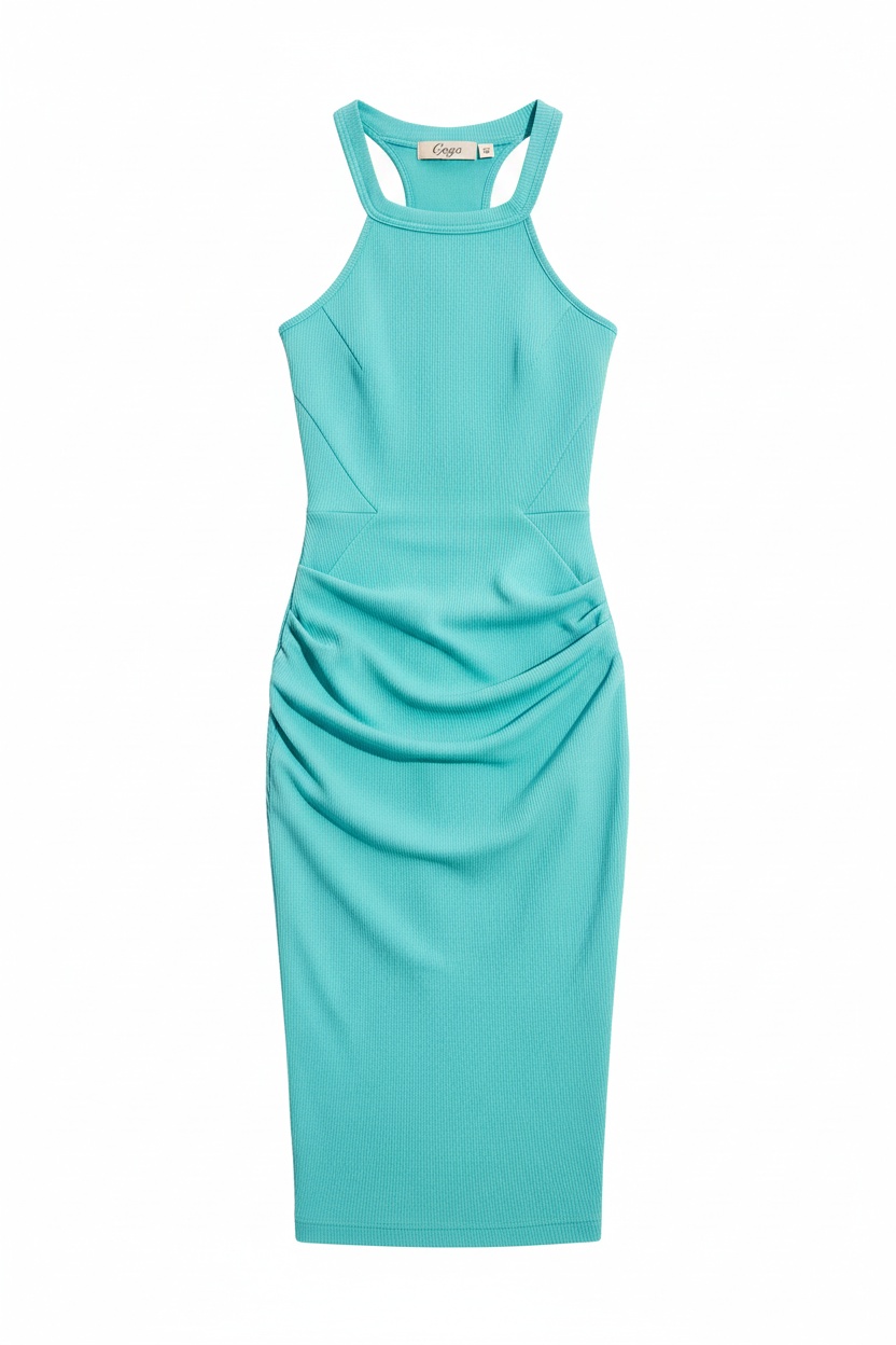 Aqua Ribbed Halter Neck Midi Dress photo 1