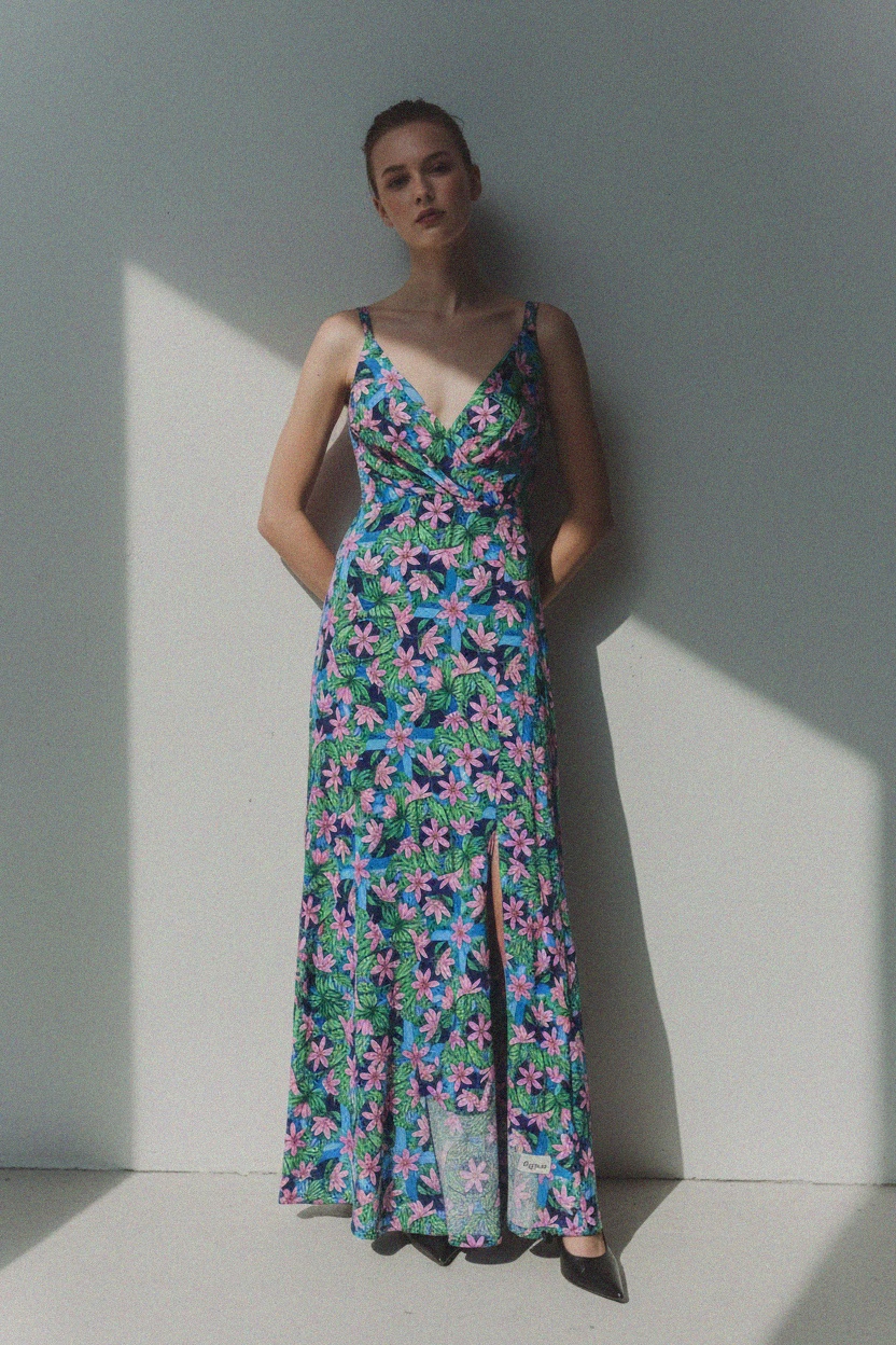 V-Neck Floral Print Maxi Dress with Side Slit photo 3