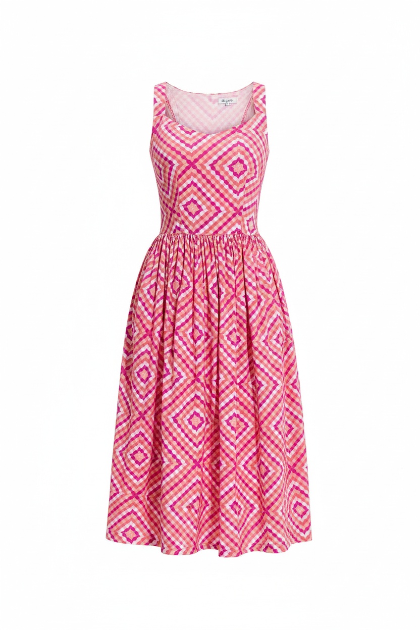 Vibrant Pink Geometric Midi Dress with Pockets photo 1