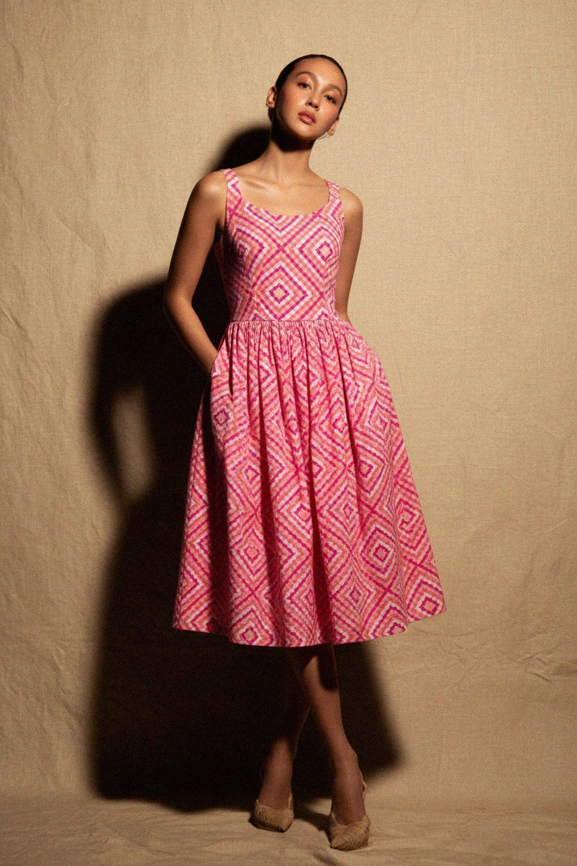 Vibrant Pink Geometric Midi Dress with Pockets photo 3