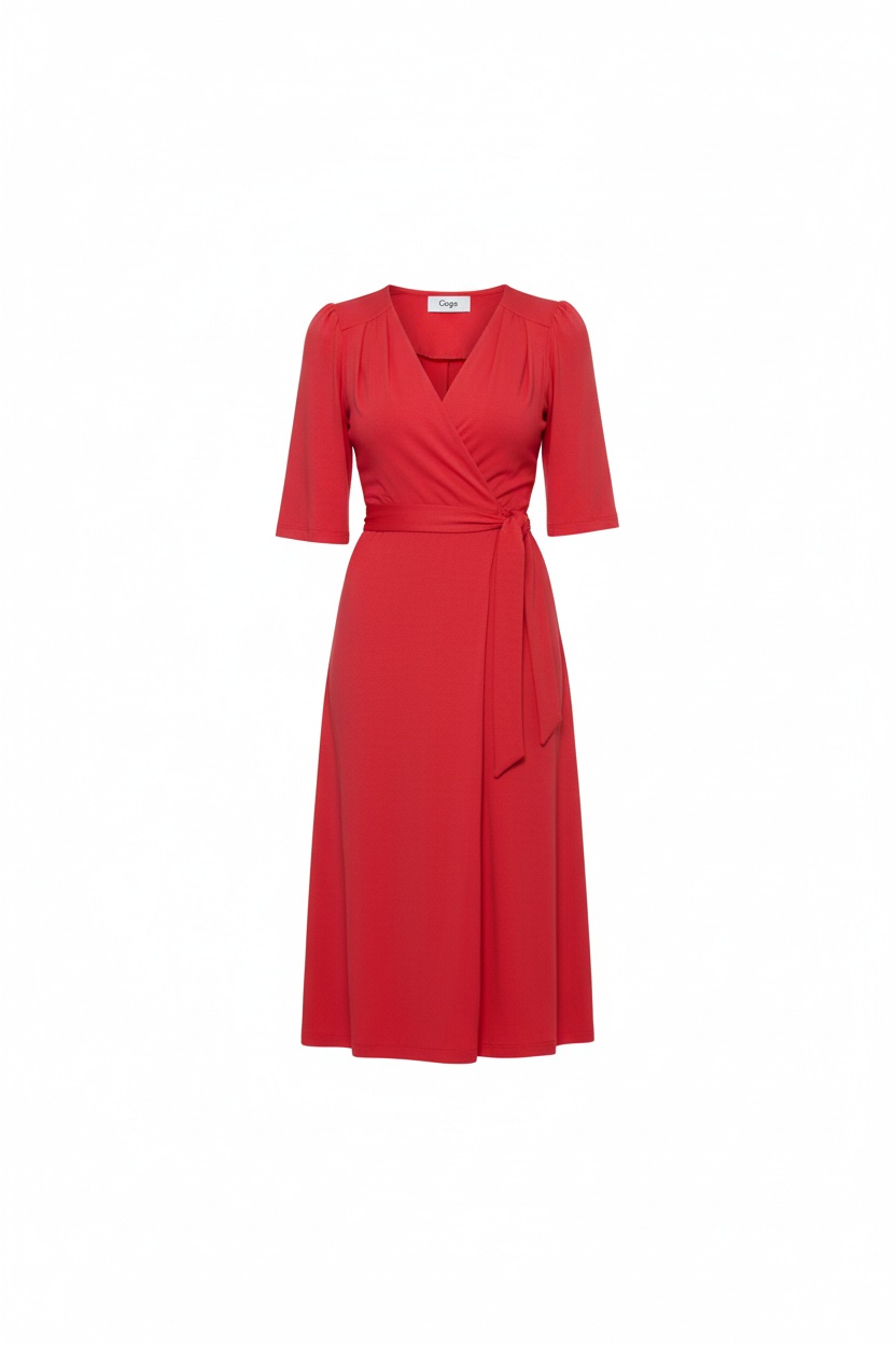 Red Midi Wrap Dress with Tie-Waist photo 1