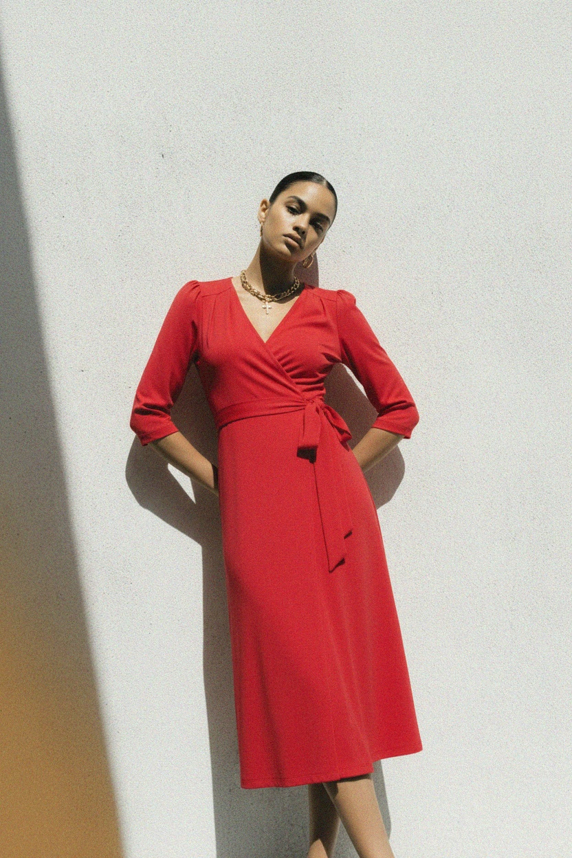 Red Midi Wrap Dress with Tie-Waist photo 3