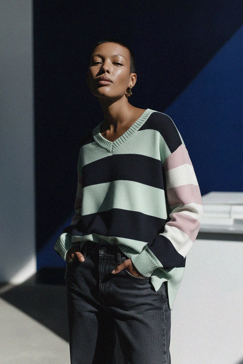 Striped V-Neck Knit Sweater with Relaxed Fit photo 3