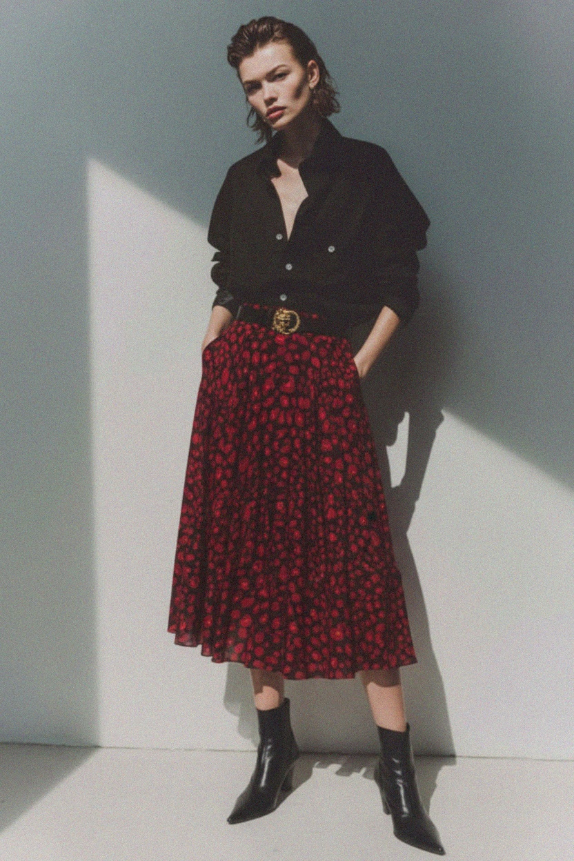 Vibrant Red Patterned Midi Skirt photo 2