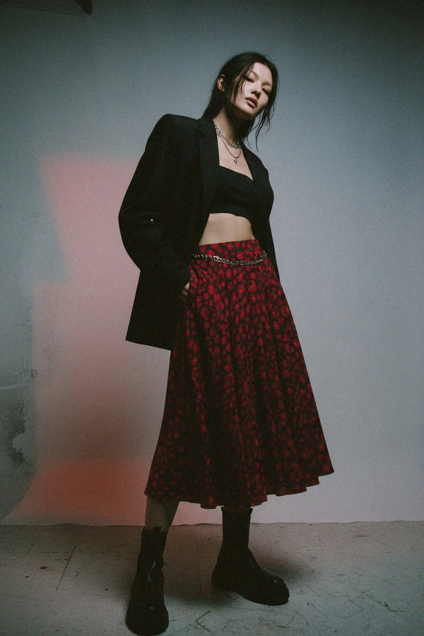 Vibrant Red Patterned Midi Skirt photo 3