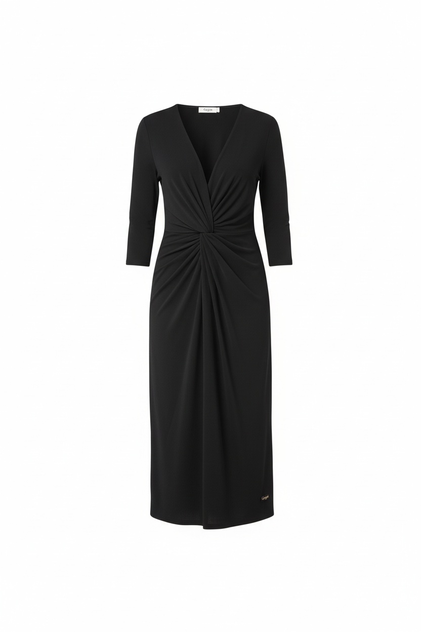 Elegant Black Midi Dress with V-Neck and Waist Knot photo 1