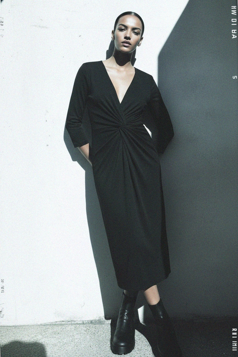 Elegant Black Midi Dress with V-Neck and Waist Knot photo 3