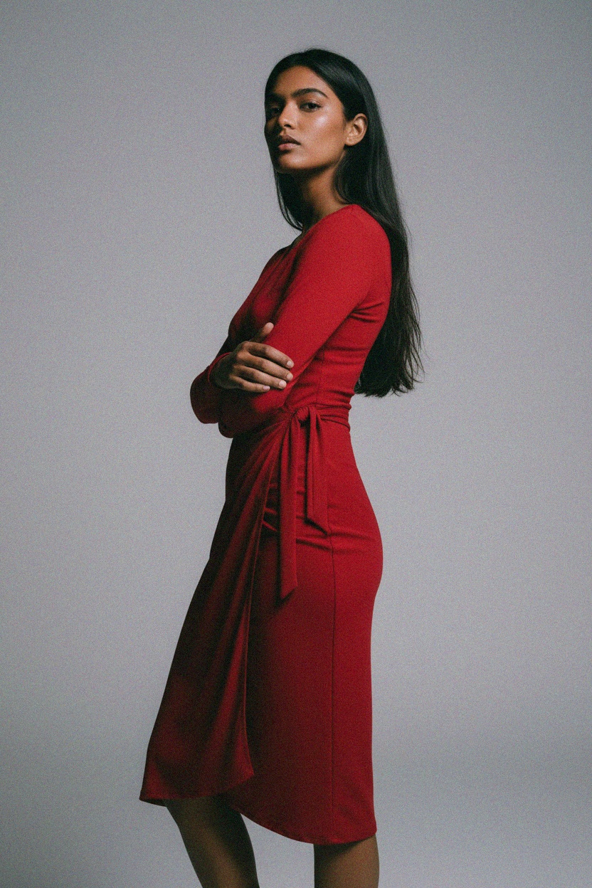 Elegant Red Wrap Midi Dress photo 3