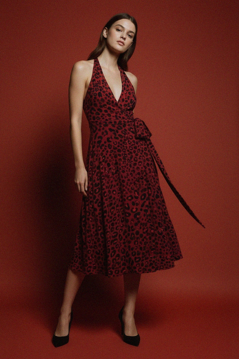 Red Leopard Print Midi Halter Dress photo 2