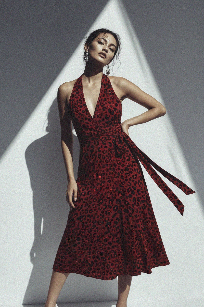 Red Leopard Print Midi Halter Dress photo 3