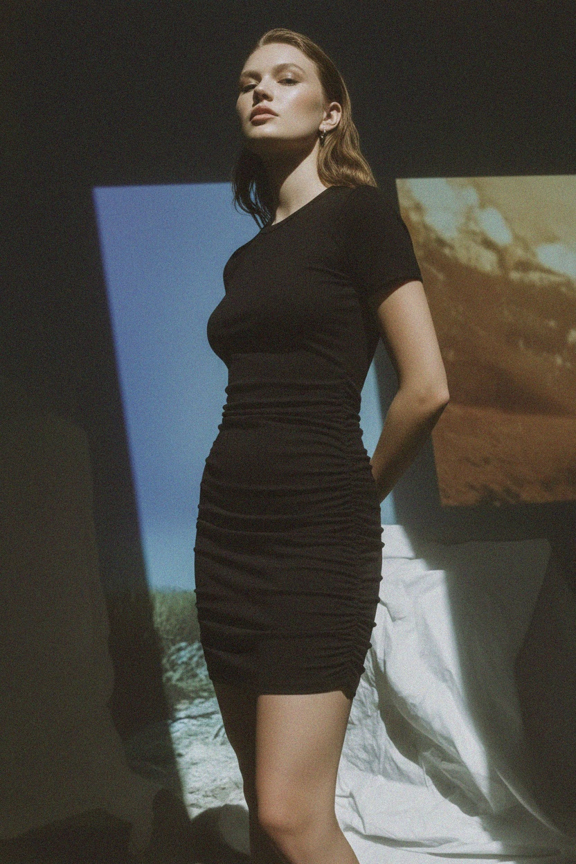 Sleek Black Ruched Mini Dress photo 2