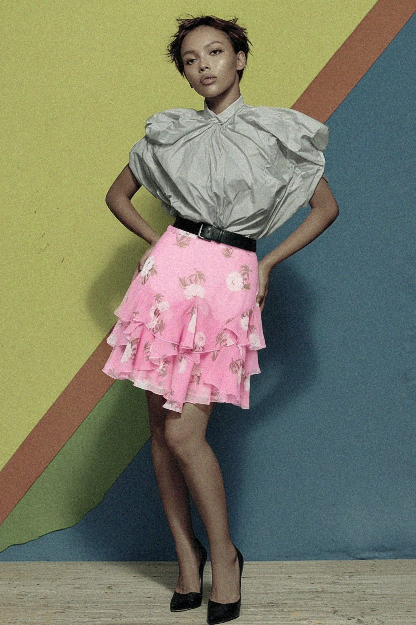 Pink Floral Tiered Ruffle Mini Skirt photo 3