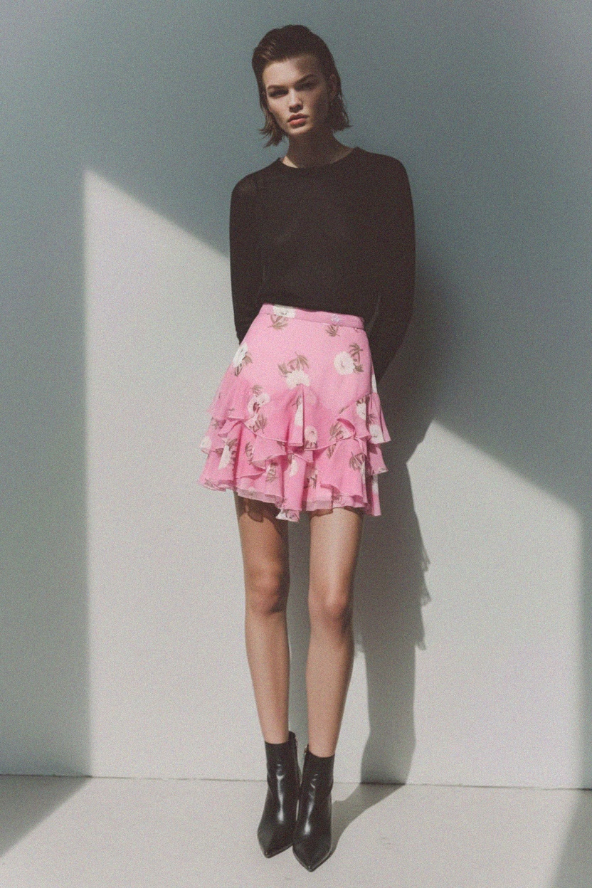 Pink Floral Tiered Ruffle Mini Skirt photo 4