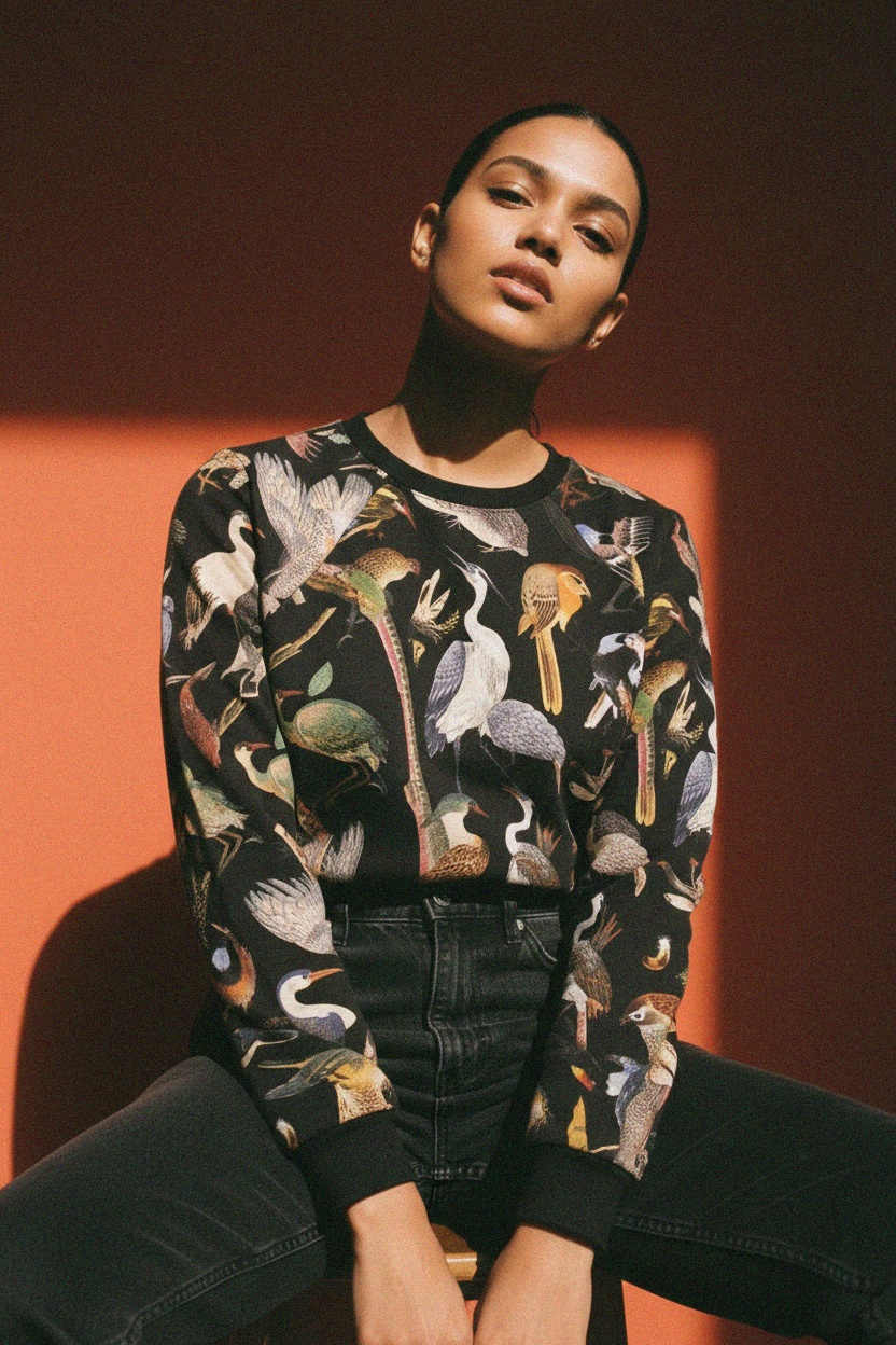 Vibrant Bird Print Black Sweatshirt photo 3