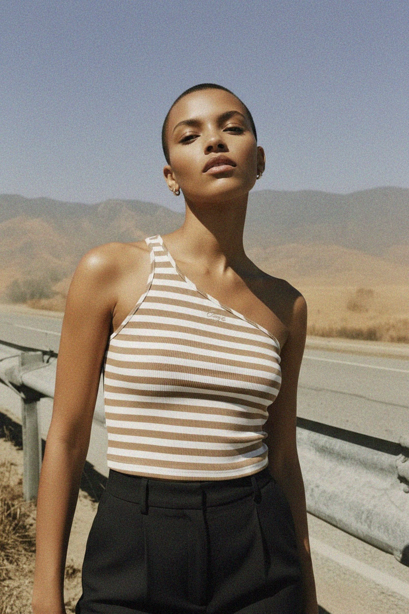 Ribbed Striped One-Shoulder Tank Top photo 2