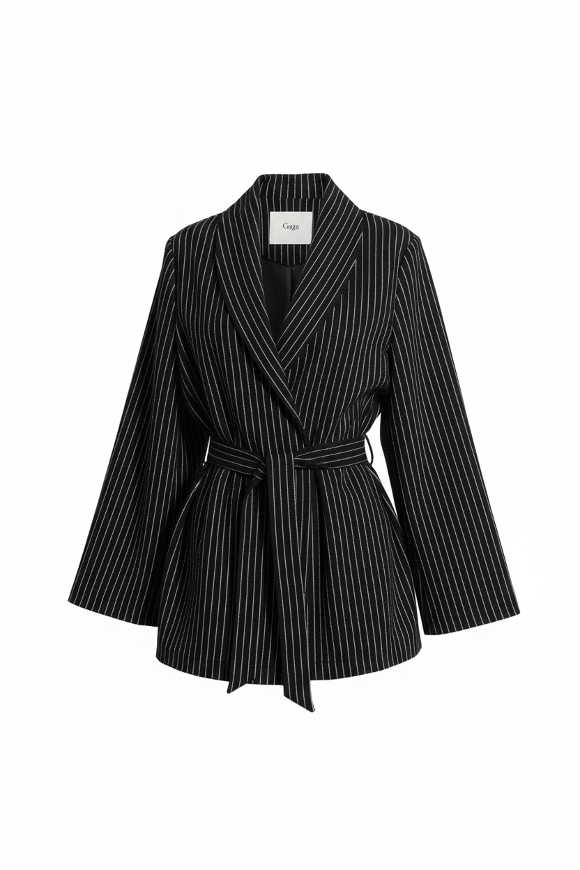 Pinstripe Belted Wrap Blazer photo 1