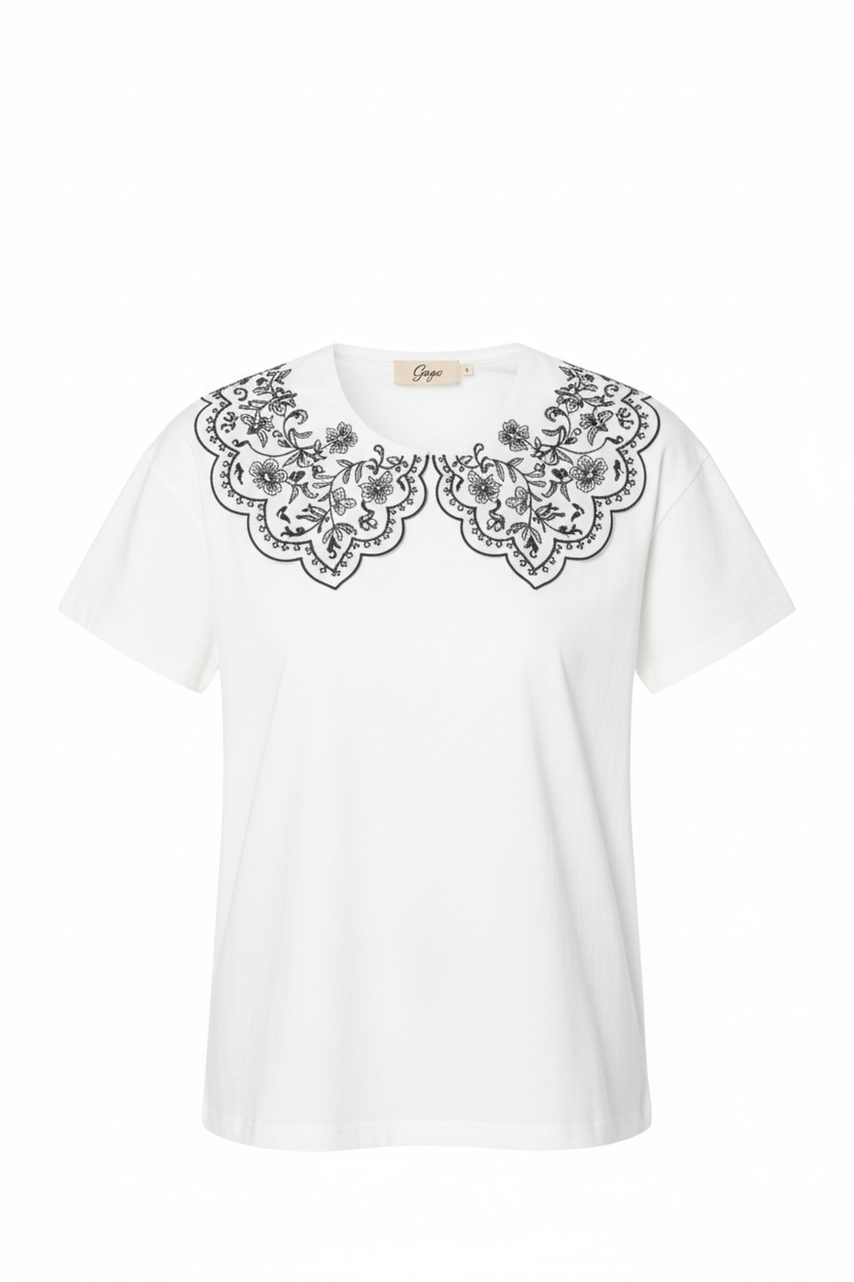 White Scalloped Collar T-shirt with Floral Embroidery photo 1