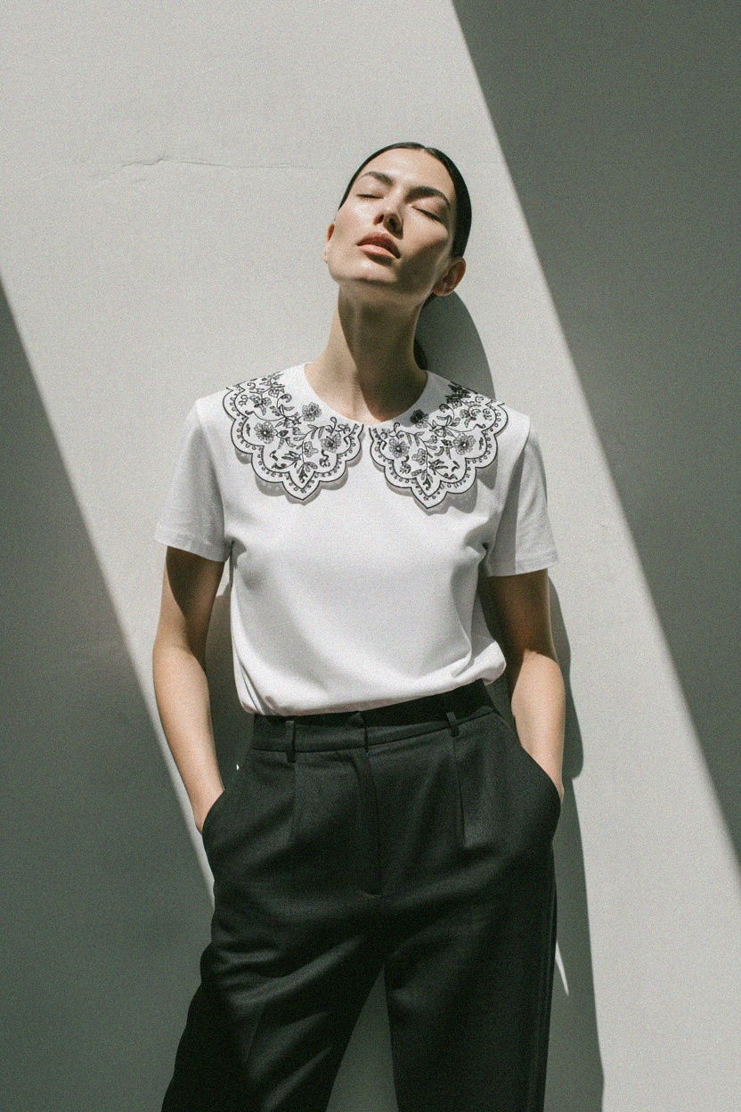 White Scalloped Collar T-shirt with Floral Embroidery photo 3