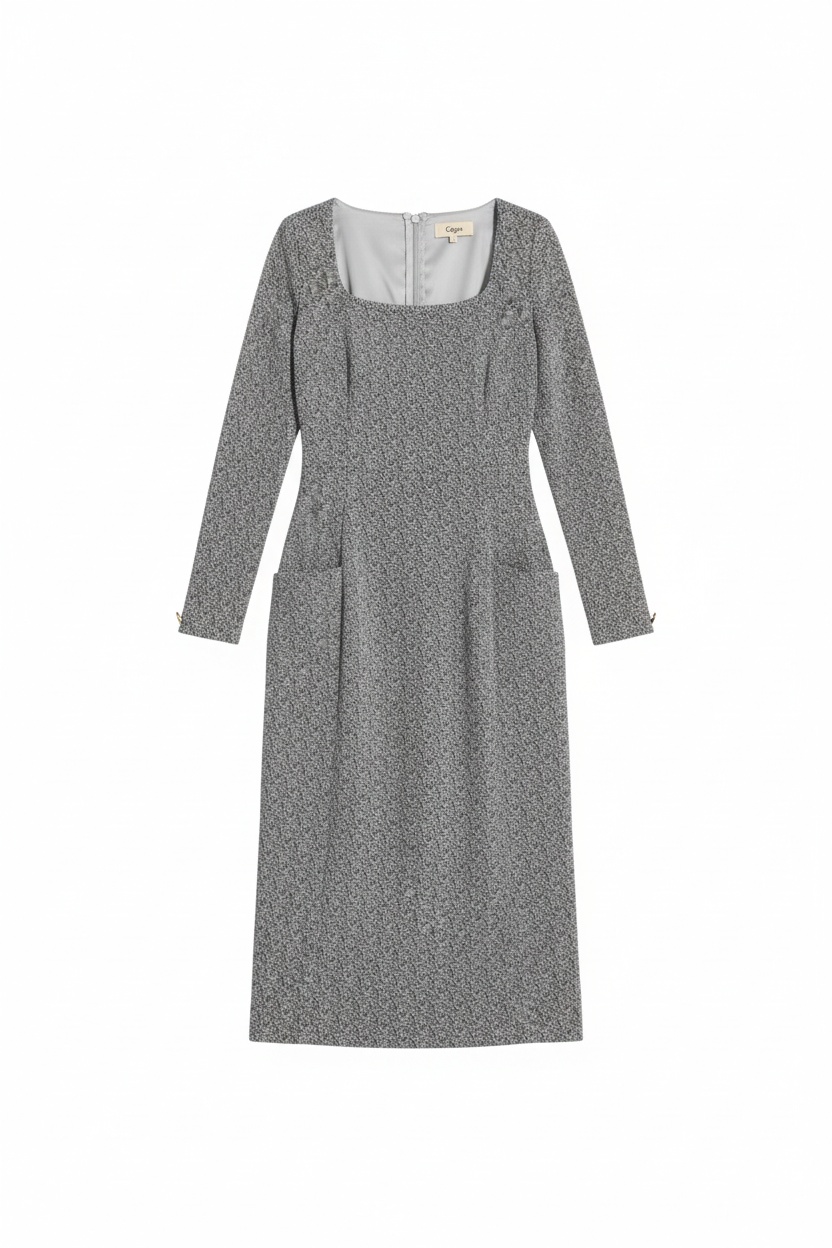 Elegant Grey Patterned Midi Dress with Square Neck photo 1
