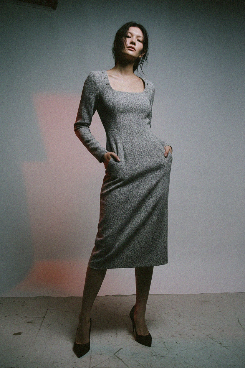 Elegant Grey Patterned Midi Dress with Square Neck photo 3