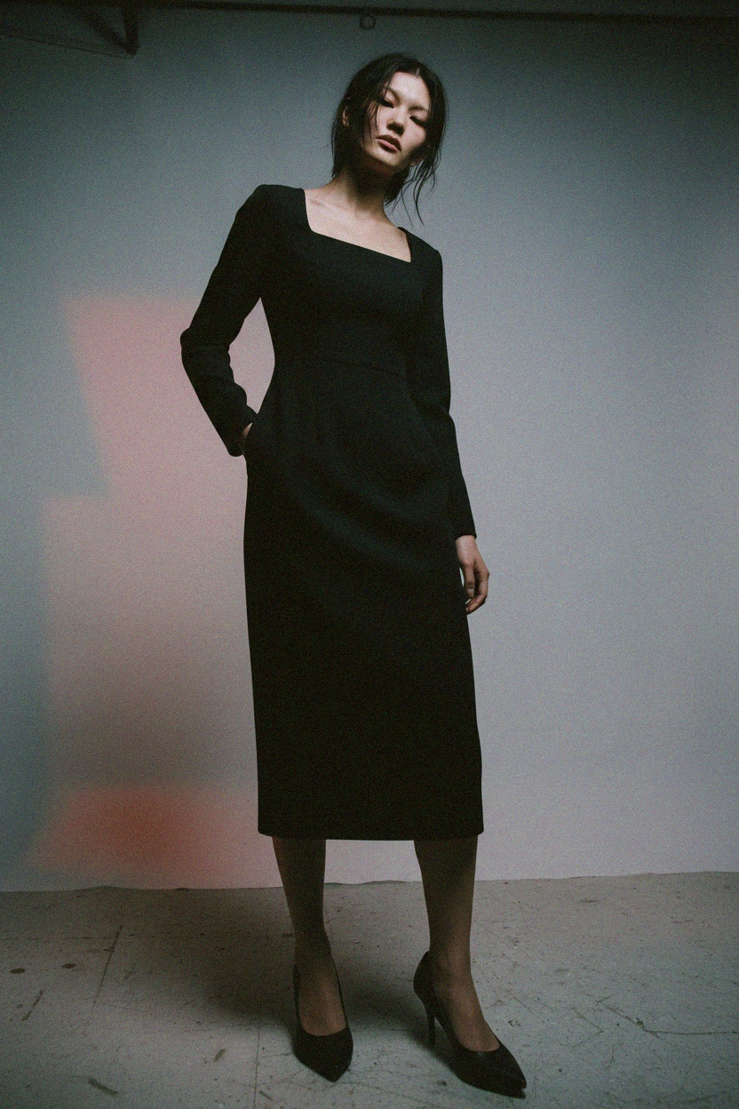 Elegant Black Midi Dress with Square Neck photo 2